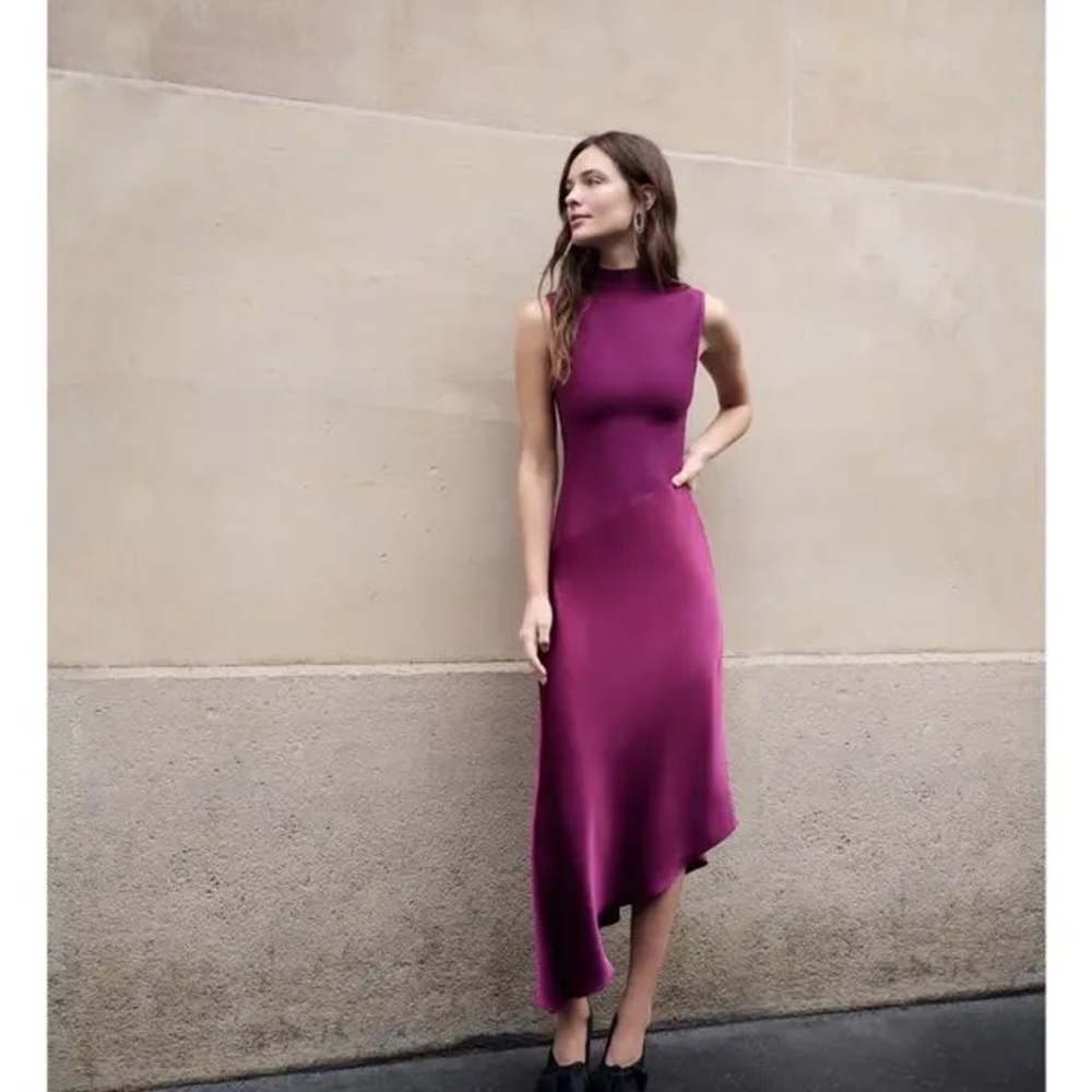 New With Tags Herve Leger Sleeveless Asymmetrical Midi Dress in Plum